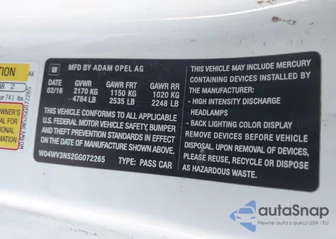 2016 Buick Cascada z USA, uszkodzony, nr VIN W04WV3N52GG072265